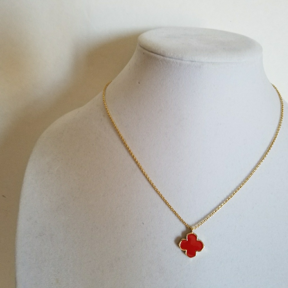 Gold plated necklace, red four leaf enamel clover